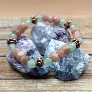 Peach Moonstone, Green Aventurine, and Copper Beaded Bracelet